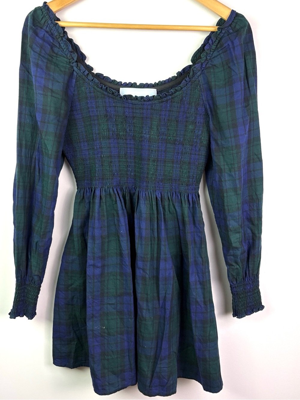 HIll House ‘The Nap Dress” Navy and Green Plaid Smocked mini Dress size S